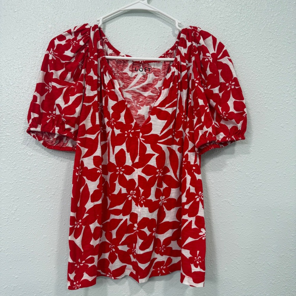Loft Red White Floral V-Neck Puff Sleeve Cotton‎ Slub Knit Top Small